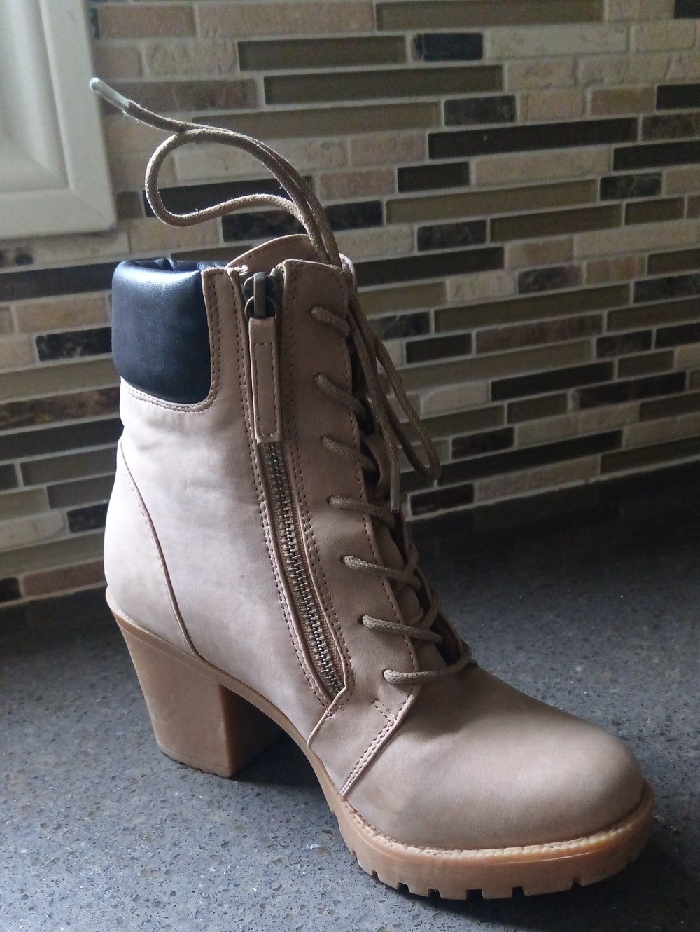 Zigi Soho Taupe Lace-Up Block Heel Ankle Boots with Black Collar
